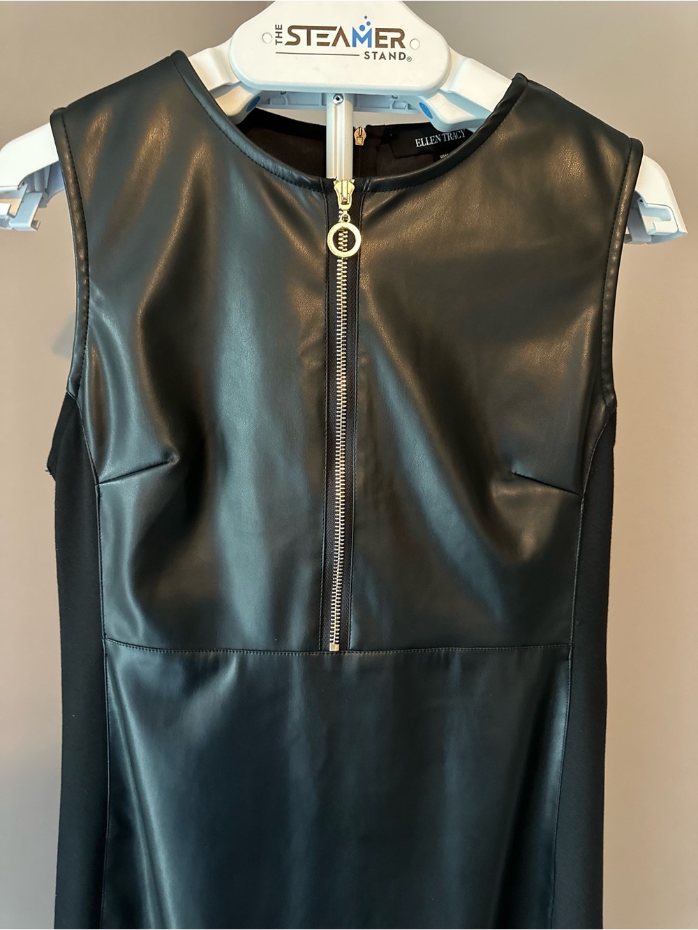 Ellen Tracy Black Faux Leather Sleeveless Zip-Front Sheath Dress - Picture 4 of 6